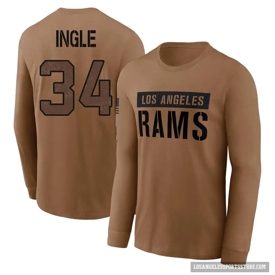 Men's ＃34 Tanner Ingle Los Angeles Rams Brown 2023 Salute To Service Long Sleeve T-Shirt