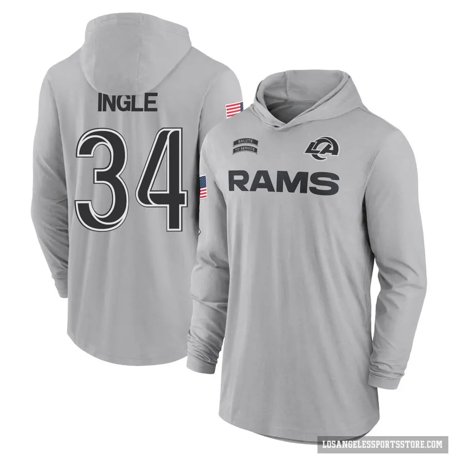 Men's ＃34 Tanner Ingle Los Angeles Rams Gray 2024 Salute to Service Lightweight Performance Long Sleeve Hooded T-Shirt