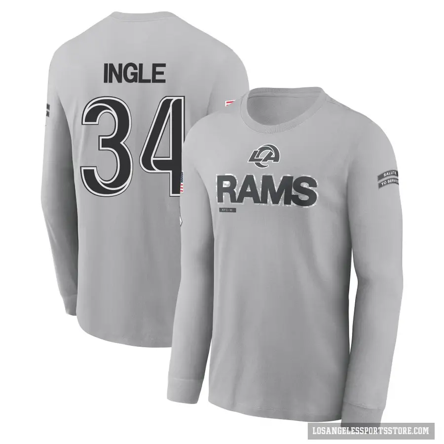 Men's ＃34 Tanner Ingle Los Angeles Rams Gray 2024 Salute to Service Long Sleeve T-Shirt