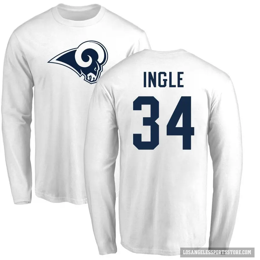 Men's ＃34 Tanner Ingle Los Angeles Rams White Logo Long Sleeve T-Shirt