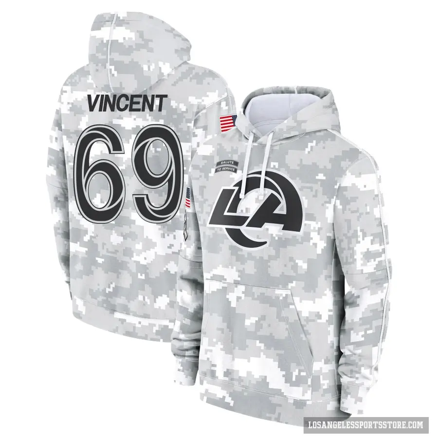 Men's ＃69 Taron Vincent Los Angeles Rams Arctic Camo 2024 Salute to Service Club Fleece Pullover Hoodie