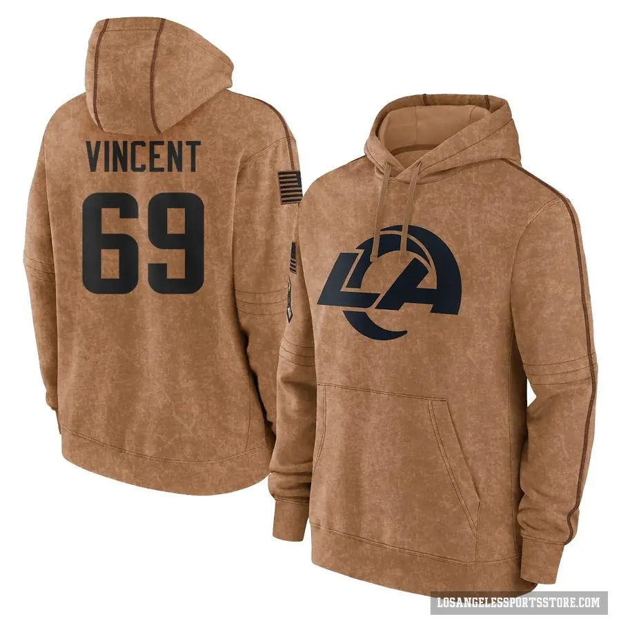 Men's ＃69 Taron Vincent Los Angeles Rams Brown 2023 Salute To Service Club Pullover Hoodie