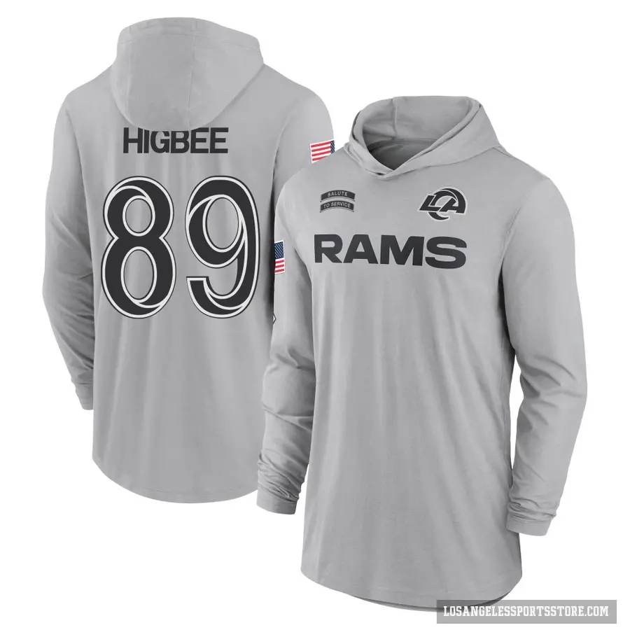 Men's ＃89 Tyler Higbee Los Angeles Rams Gray 2024 Salute to Service Lightweight Performance Long Sleeve Hooded T-Shirt