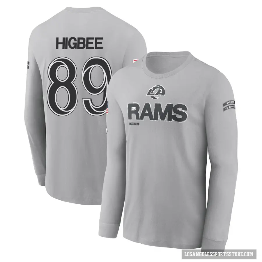 Men's ＃89 Tyler Higbee Los Angeles Rams Gray 2024 Salute to Service Long Sleeve T-Shirt