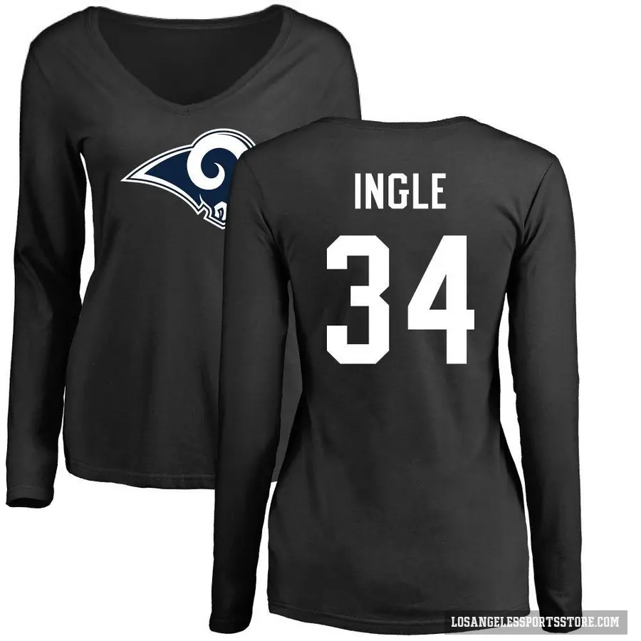 Women's ＃34 Tanner Ingle Los Angeles Rams Black Logo Slim Fit Long Sleeve T-Shirt