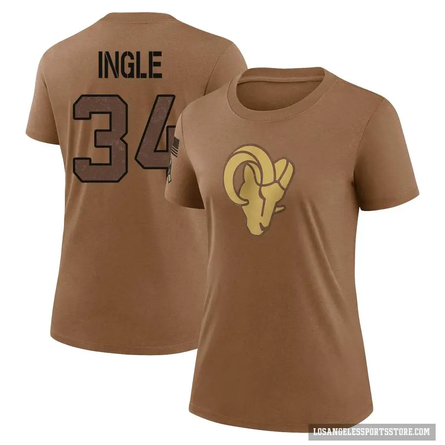 Women's ＃34 Tanner Ingle Los Angeles Rams Brown 2023 Salute To Service Performance T-Shirt