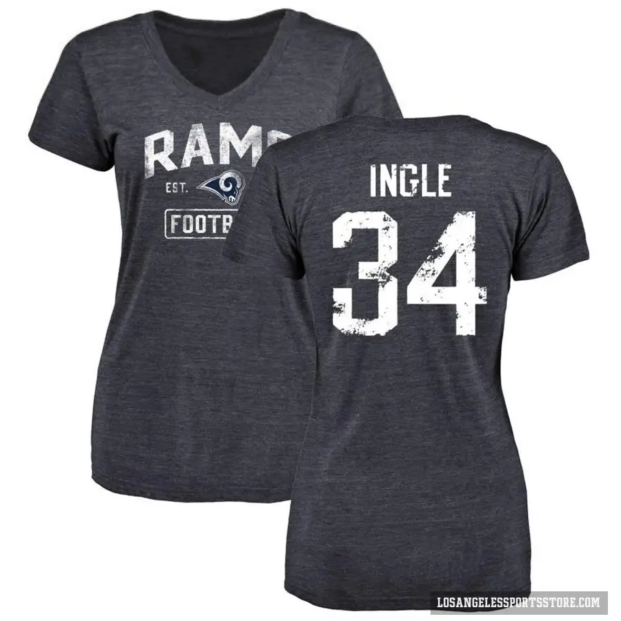 Women's ＃34 Tanner Ingle Los Angeles Rams Navy Distressed V-Neck T-Shirt