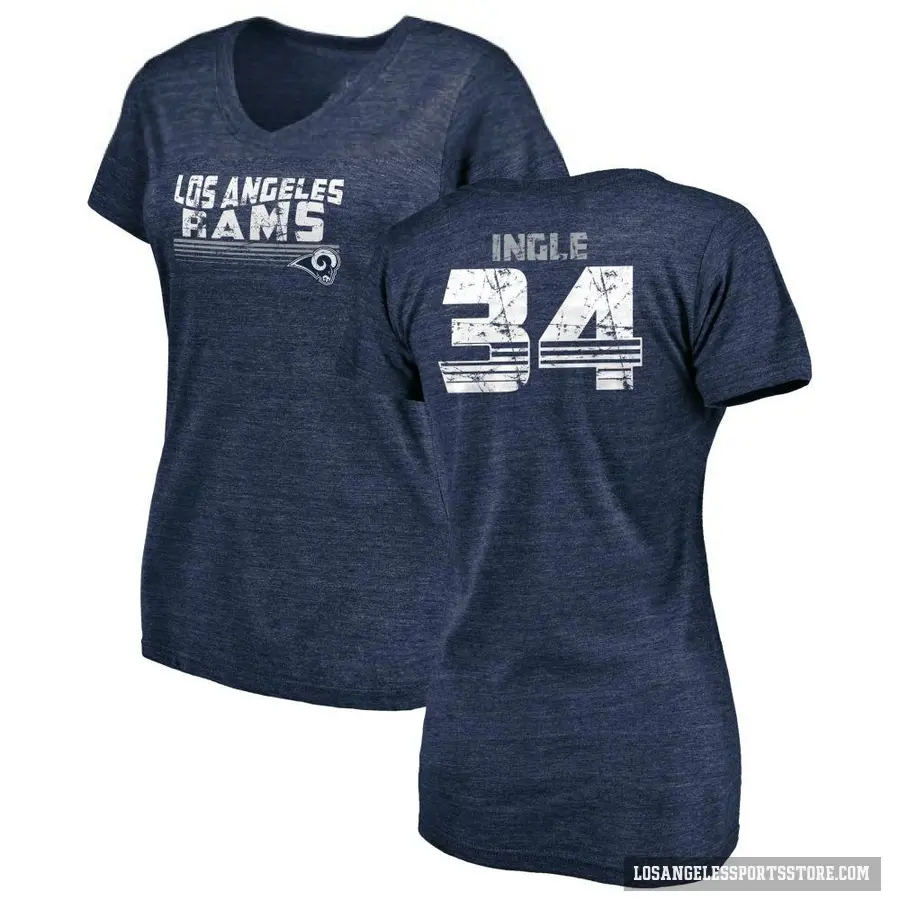 Women's ＃34 Tanner Ingle Los Angeles Rams Navy Retro V-Neck T-Shirt