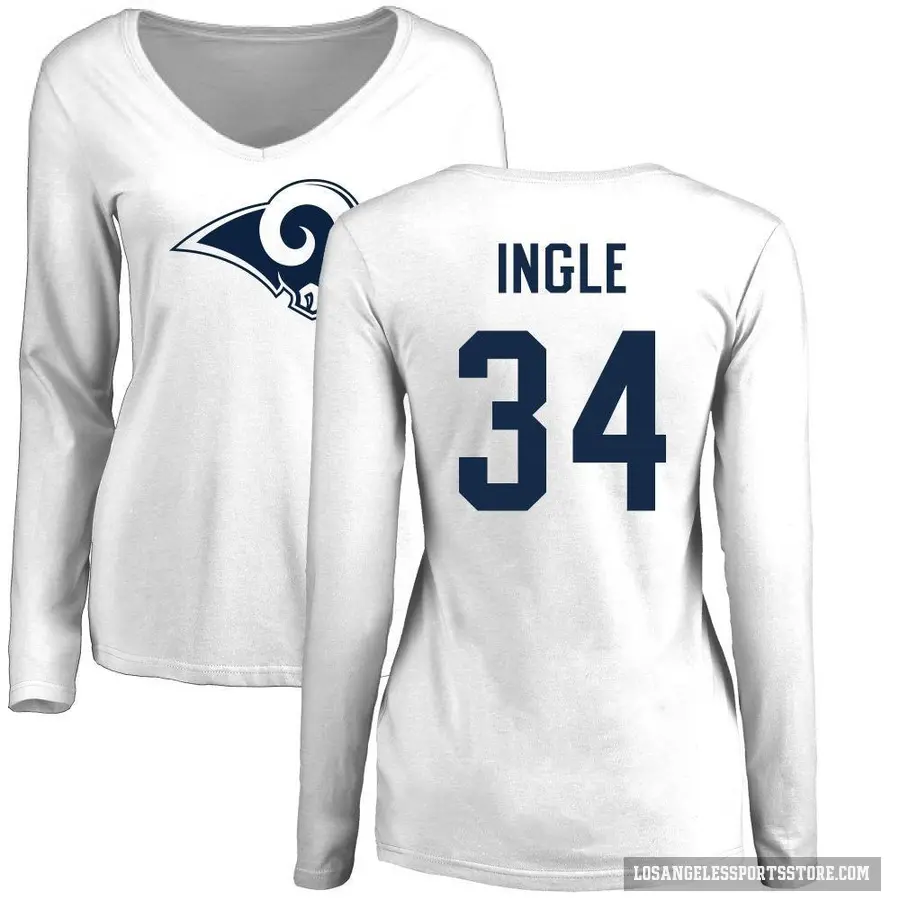 Women's ＃34 Tanner Ingle Los Angeles Rams White Logo Slim Fit Long Sleeve T-Shirt