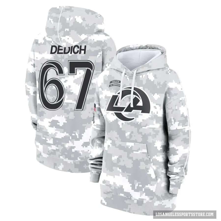 Women's ＃67 Justin Dedich Los Angeles Rams Arctic Camo 2024 Salute to Service Club Fleece Pullover Hoodie