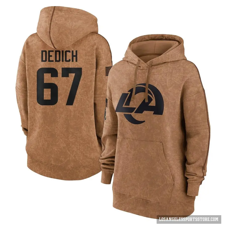 Women's ＃67 Justin Dedich Los Angeles Rams Brown 2023 Salute To Service Pullover Hoodie