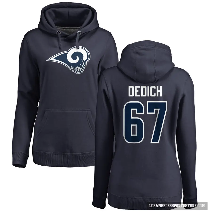 Women's ＃67 Justin Dedich Los Angeles Rams Navy Pro Line Name & Number Logo Pullover Hoodie