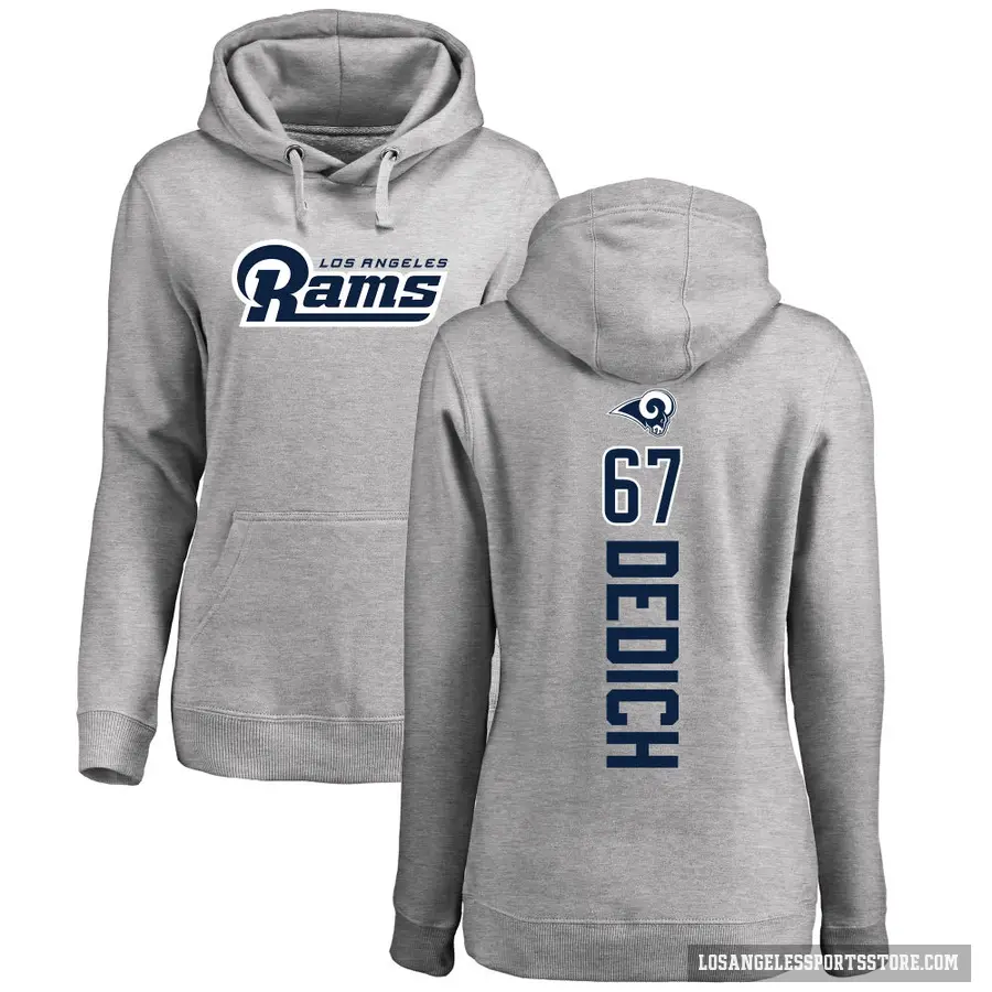 Women's ＃67 Justin Dedich Los Angeles Rams Pro Line Ash Backer Pullover Hoodie