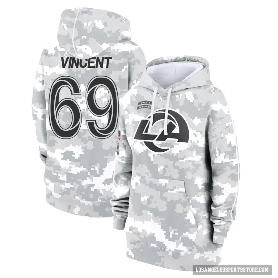 Women's ＃69 Taron Vincent Los Angeles Rams Arctic Camo 2024 Salute to Service Club Fleece Pullover Hoodie