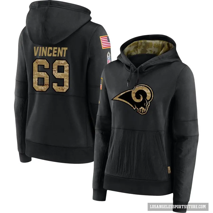 Women's ＃69 Taron Vincent Los Angeles Rams Black 2020 Salute to Service Sideline Performance Pullover Hoodie