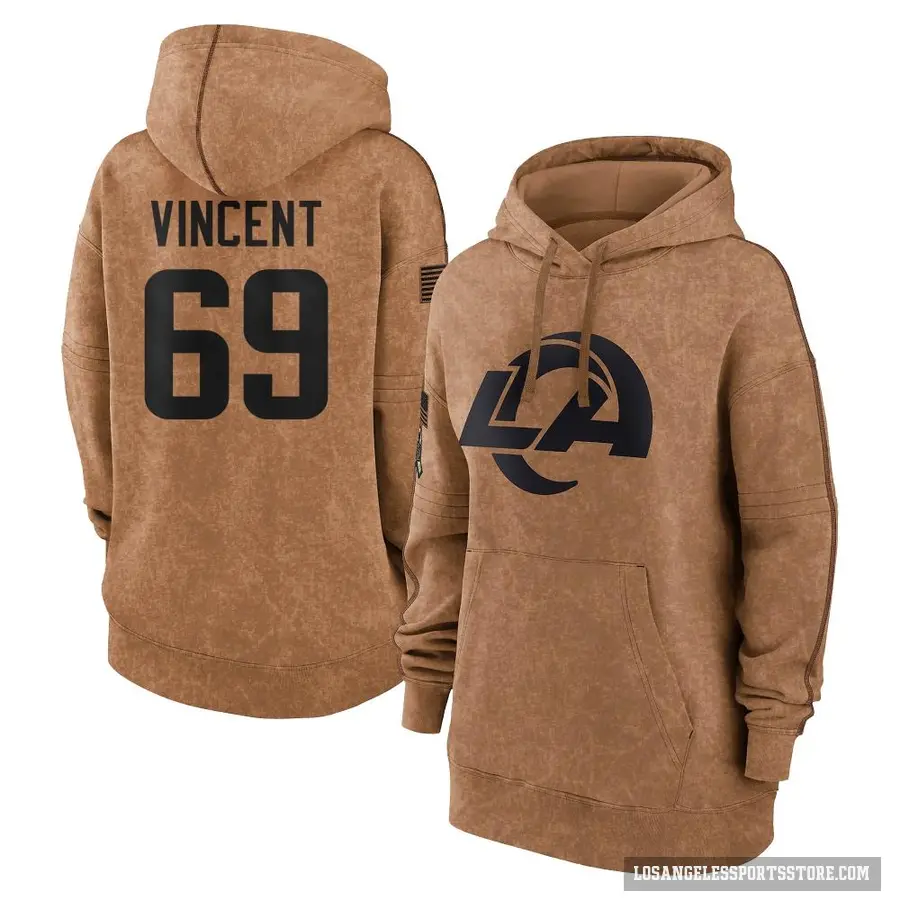 Women's ＃69 Taron Vincent Los Angeles Rams Brown 2023 Salute To Service Pullover Hoodie