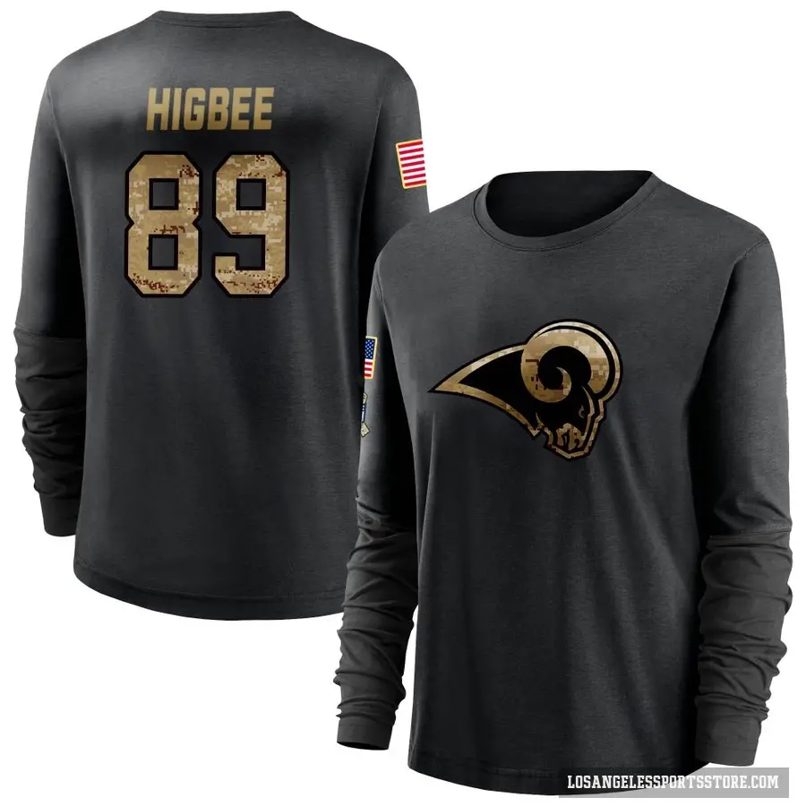 Women's ＃89 Tyler Higbee Los Angeles Rams Black 2020 Salute To Service Sideline Performance Long Sleeve T-Shirt