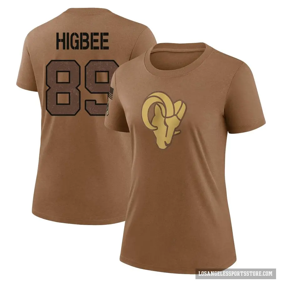 Women's ＃89 Tyler Higbee Los Angeles Rams Brown 2023 Salute To Service Performance T-Shirt