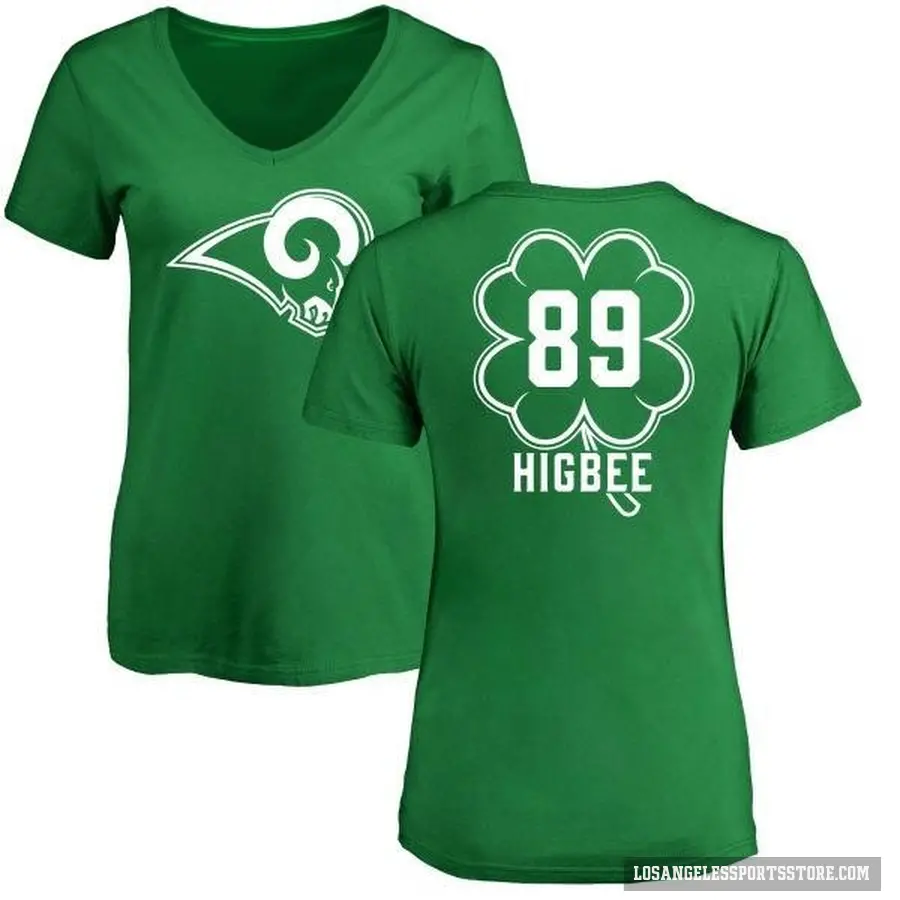 Women's ＃89 Tyler Higbee Los Angeles Rams Green St. Patrick's Day V-Neck T-Shirt