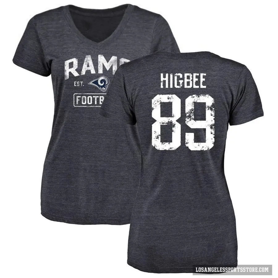 Women's ＃89 Tyler Higbee Los Angeles Rams Navy Distressed V-Neck T-Shirt