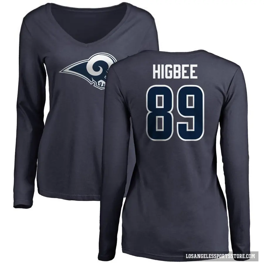 Women's ＃89 Tyler Higbee Los Angeles Rams Navy Logo Slim Fit Long Sleeve T-Shirt