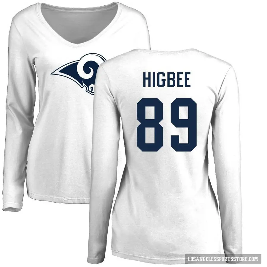 Women's ＃89 Tyler Higbee Los Angeles Rams White Logo Slim Fit Long Sleeve T-Shirt