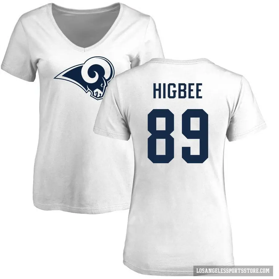 Women's ＃89 Tyler Higbee Los Angeles Rams White Logo Slim Fit T-Shirt